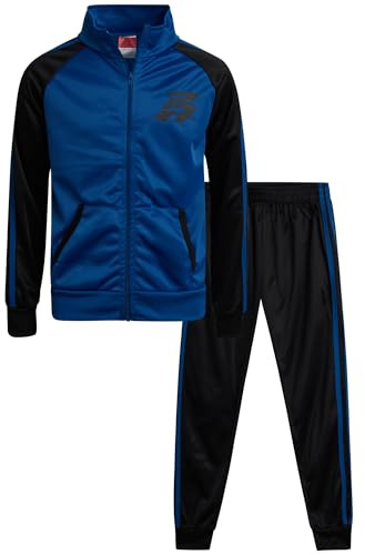 Pro Athlete Boys Tracksuit Set - 2 Piece Performance Tricot Zip Up Mock Neck Sweatshirt and Boys Joggers Track Pants, Size 12, Black/Blue