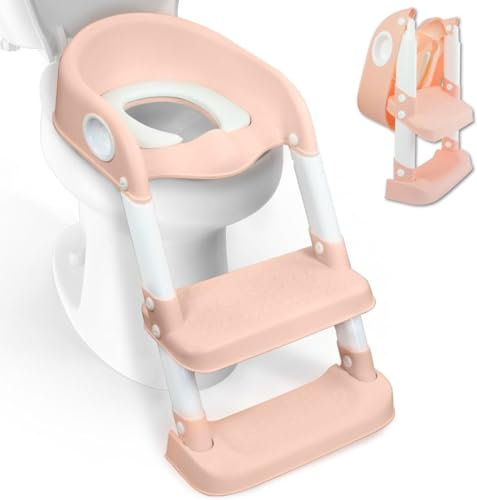 Reductor de Inodoro con Escalera para Niños ATAA Adaptador Plegable y Antideslizante Rosa y Blanco Altura Regulable Modelo Steam
