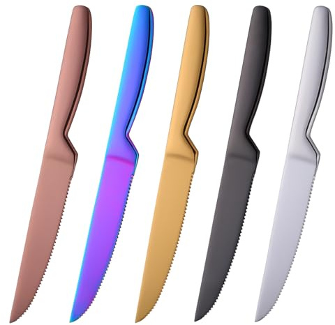 BISDARUN Steak Knife Set, 5 Piece Serrated Heavy Duty Stainless Steel Table Knife, One Piece Handle, Cuts Steak and Chicken, Bread (mix colors)