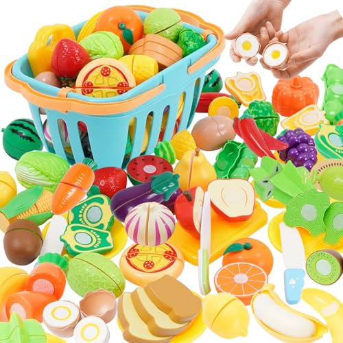 Nukdey Jouet Dinette Enfant, 75 Pièces Accessoires Cuisine Enfant, Fruits et Légumes Jeux à DéCouper Enfants, Nourriture Aliment Dinette, Ustensile Cuisine Enfants Cadeau pour Garçons Filles 3 Ans+
