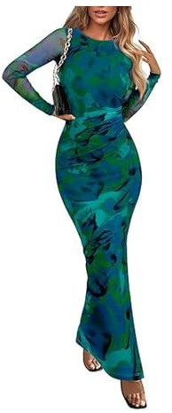 FFWTPY Damen Kleider Langarm Elegant Vintage Kleid Bodycon Slim Fit Bleistiftkleid Bohemian Tunikakleider Cocktailkleid Hochzeitsgästekleider Alltagskleid (Grün/S)