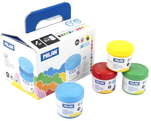 MILAN® Låda 12 burkar 40 ml tempera färg blandade färger med pensel