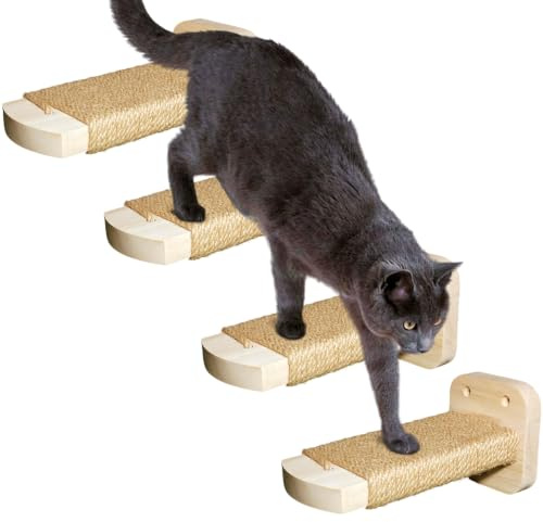 SIYUNTECH® Scala a Muro per Gatti (4 pcs),con intarsio artigianale, in legno massiccio di gomma da 2cm, per far giocare i gatti ad arrampicarsi, portata massima 35kg
