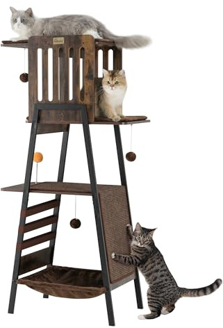 FourFurPets Modernt katträd, 147 cm katttorn för stora katter, Maine Coon katträd med klösbräda, stor abborre, hängmatta och avtagbara kuddar, rustik brun