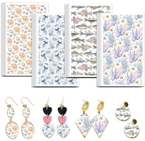 OLYCRAFT 24pz 4 Stile Carta da Trasferimento in Argilla Oceanica per Conchiglie Polimeriche Fogli Polimerica A Tema Oceanico Piccola per Orecchini in Argilla Creazione di Gioielli