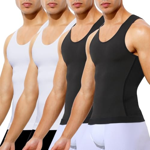 Casey Kevin Mens Compression Shirt Sleeveless Gynecomastia Tank Top Slimming Shapewear Undershirts Tummy Control Vest 4 Pack, Black*2+White*2, X-Large