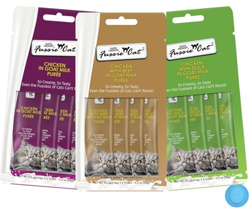 Fussie Cat Premium Puree Lickable Cat Treats in Goat Milk, Chicken Variety Pack, 3 Packs of 4-0.5oz Tubes (12 Total Tubes) + Lid