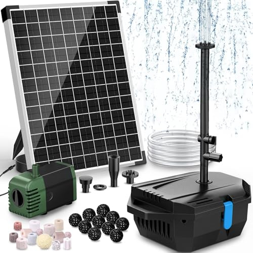 POPOSOAP Kit de filtro solar para estanque de 20 W y bomba de fuente – 1060 L/h Sistema de filtro solar para estanques con fuente solar de 4 boquillas y manguera de 2,0 m, ultrasilencioso para
