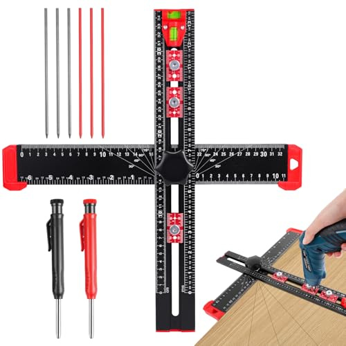 Flintronic 4-i-1 borrpositioneringslinjal, 35 cm skala markeringsmätningsverktyg T fyrkantig träbearbetningslinjal, exakt borrverktyg för träbearbetning, skribritning, skåphårdvara jigigg (svart)