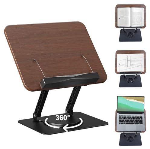 KINDLUME Leggio per Libri, Supporto per Libri, Leggio da Tavolo, Supporto Regolabile, Leggio da Lettura in Legno Regolabile e Girevole a 360°, pieghevole e Stabile, per Ricettari, Riviste, Quaderni
