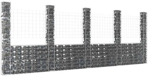 Gabion Basket U-Shape with 5 Columns, Iron, 500 x 20 x 200 cm, Robust Wire for Garden Fence, Galvanised, Durable Stone Basket as Privacy Screen