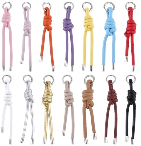 SUNNYCLUE 1 caja de 14 colores de Cuerda de Cuero Llavero de Cuero A Granel Correa Trenzada de PU Negro Dorado Plateado Resorte O Anillos Broche Soporte para Llaveros DIY Bolsos Autos Monedero Manuali