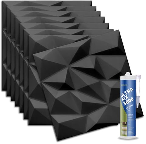 Deccart Panneaux Muraux Noir 50x50 cm avec colle de montage- Panneau mural 3D Décoratif en EPS-Polystyrène - Plaque murale decorative - Décoration murale - Relief texturé - Wall Panel, 2m²