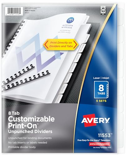 Avery Unpunched Print-On Dividers, White, 8 Tabs, 5 Sets (11553)