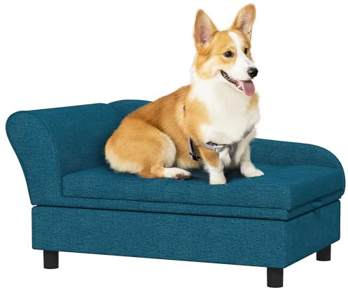 PawHut Pet Sofa, Dog Couch, Elevated Pet Bed for Small Dogs, with Hidden Storage, Soft Tufted Cushion, Dark Blue