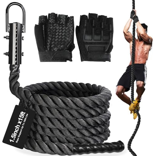 Climbing Rope Climbing Rope 1.5 Inch Diameter 15Feet Length Gym Climbing Rope for Workout Fitness & Strength Training, Gym Rope, Exercise Climbing Rope in Black for Adults or Kids Outdoor & Indoor