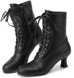 Voviggiw Botas victorianas para mujer, con cordones, puntera redonda, tacón de gatito, botines vintage con cremallera lateral, Black, 39 EU