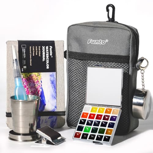 Funto Mini Watercolor Paint Set, Kit de peinture acrylique tout-en-un de voyage premium avec 24 couleurs, avec sac à bandoulière, carnet de croquis à l'aquarelle, idéal pour les amateurs d'art