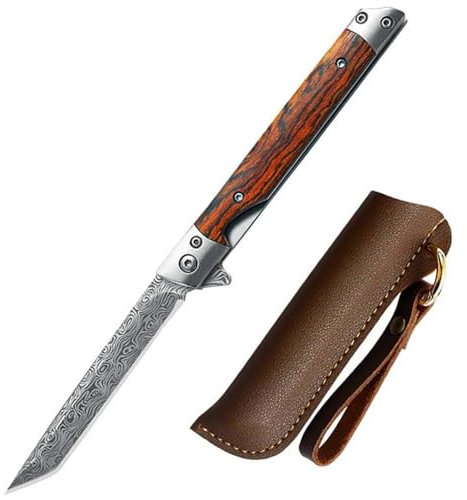 Joa Slim Klappmesser, Taschenmesser Holzgriff, Einhandmesser mit Scheide, EDC Messer, Neck knife Messer, Outdoor Messer, Geschenke für Männer