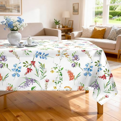 Arquiel Summer Flowers Tablecloth, Wildflower Grass Table Cloth Rectangle Stain Resistant, Machine Washable Table Cover for Home Kitchen Dining Party Decoration (140x180cm)