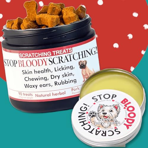 Stop Bloody Scratching - Allergy Relief Dog Treats & Balm for Itchy Skin, Paws, Eyes & Ears - Stops Scratching, Licking & Chewing - Quick Relief in 30 Days - Salmon Oil & Omega 3 - For all Dogs
