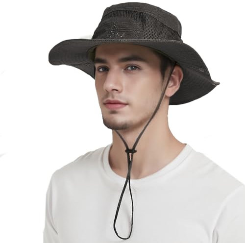 Sombrero de Pesca Hombre Transpirable Sombrero para El Sol Safari con Protección UV Gorro Pescador Plegable ala Ancha Correa de Barbilla