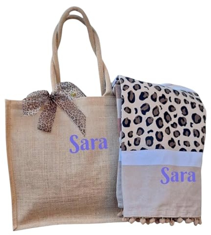 AmiAmarena Borsa Mare e Telo Fouta Ricamate. Set spiaggia coordinato donna, borsa in juta e telo mare personalizzabile. Idea regalo (Savana Bis, XL)