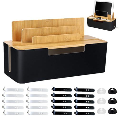 Boite Rangement Cable, Boite Cache Multiprise avec Couvercle, Boîtier de Gestion avec Portecâbles et Attaches de Câbles, pour Les Tables de Chevet des Chambres à Coucher, Les Bureaux (Noir)