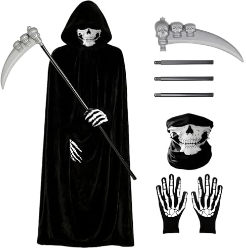 LXUBDXY Deguisement Faucheuse Homme, Deguisement Halloween, Cape Noire avec Masque de Crâne, Gants et Faucille, Déguisement Squelette Homme, Faucheuse Costume pour Halloween Carnaval Cosplay