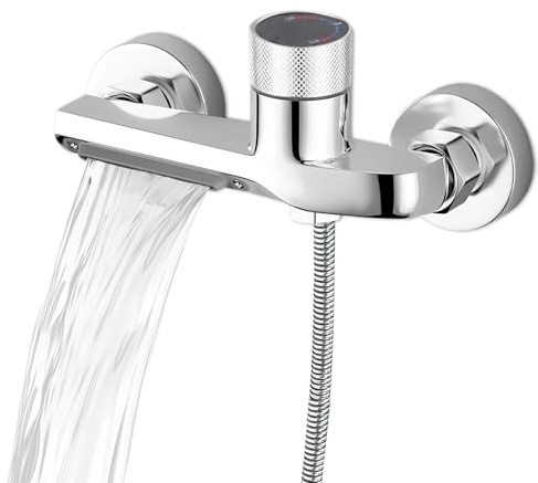 DEANKEJI Cascata Rubinetto Bagno Regolabile in Argento con Temperatura, Rubinetti Bagno a Doppia Funzione con Manopola Antiscivolo, Rubinetto Doccia in Lega di Rame per Doccia a Parete, Dormitorio
