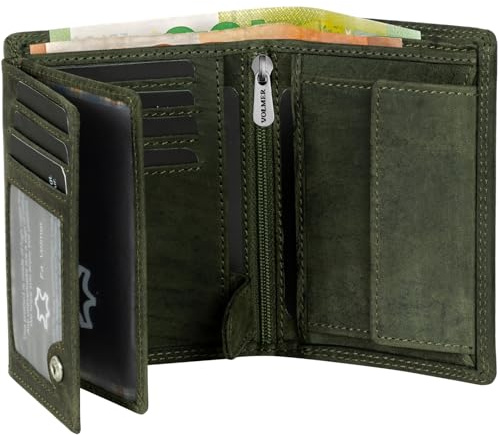 Fa.Volmer Portefeuille en cuir de buffle véritable I Grand portefeuille pour homme et femme I Protection RFID certifiée TÜV en couleur marron et noir, olive, 12,5x9,5x2,5 cm, Format portrait