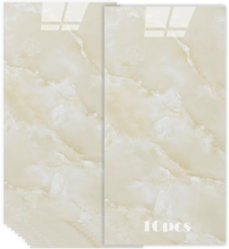 Lot de 10 carreaux adhésifs en marbre - 60 x 30 cm - Aspect marbre panneau mural decoratif- carrelage adhesif mural salle de bain imperméable - Pour cuisine - Motif pierre jaune