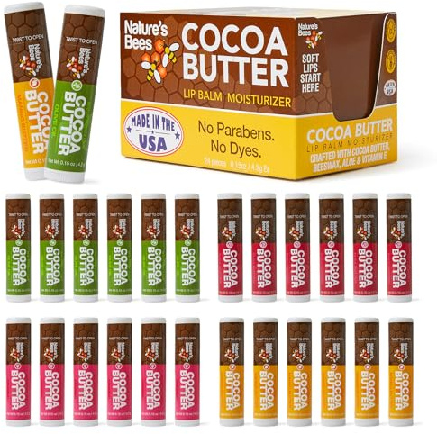 Nature's Bees Cocoa Butter Lip Balm Moisturizer, 24 Pack - 4 Flavors, Original, Shea Butter, Mango Butter, & Olive Oil, Made with Coconut Oil, Beeswax, Vitamin E and Aloe, 0.15 oz - Packaging May Vary