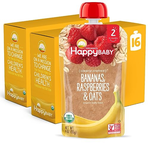 Happy Baby Organics Stage 2 Baby Food Pouches, Gluten Free, Vegan & Healthy Snack, Clearly Crafted Fruit & Veggie Puree, Bananas, Raspberries & Oats, 4 Ounces (Pack of 16)