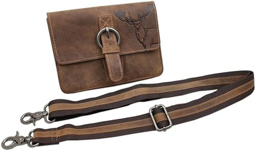 Echt Büffel-Vollleder Handtasche mit Tragegurt in Hoch- oder Querformat mit Hirsch-Motiv in Braun (Modell 2 / Querformat)
