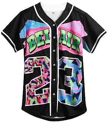 Amzdest 90s Clothing for Women, Unisex Hip Hop Party, Bel Air 23 Baseball Jersey Short Sleeve Button Down Shirt (23Black, Large)