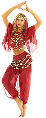 Oyolan Costume Danse du Ventre Femme Déguisement Danse Orientale Tenue Danseuse Halloween Carnaval Fête Spectacle Rouge Taille Unique