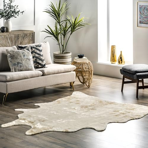 nuLOOM Marcia Machine Washable Faux Cowhide Area Rug, Shaped 4x5, Off-White