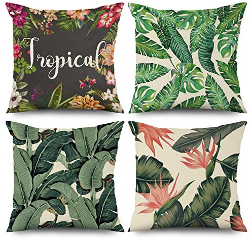 ASDCXZ vårörngott 40 x 40 cm set om 4, akvarell gröna blad rosa blomma soffa dekorativa kuddar örngott tvättbar polyester lin textil utomhus stoppning örngott
