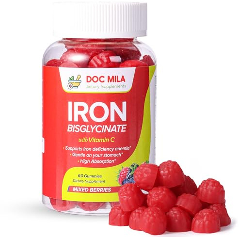 Iron Supplement for Kids and Adults - Iron Bisglycinate Gummies 25mg with Liposomal VIT C - Chelated Iron Supplement for Women and Men - 60 Gummies, 1 Month Supply
