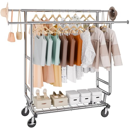 VEVOR Rollbarer Kleiderständer Garderobenständer 2 Kleiderstangen, Einstellbar 1282–1914 mm / 1443–1867 mm (L/H), Freistehender Stahl Kleiderständer 59 + 136 kg Belastbar, Strapazierfähig Silber