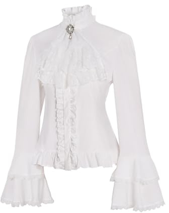 Inzegao Blouses vintage pour femme, t-shirt évasé à manches longues, chemise en dentelle à volants et col montant Lolita, blanc, Taille L