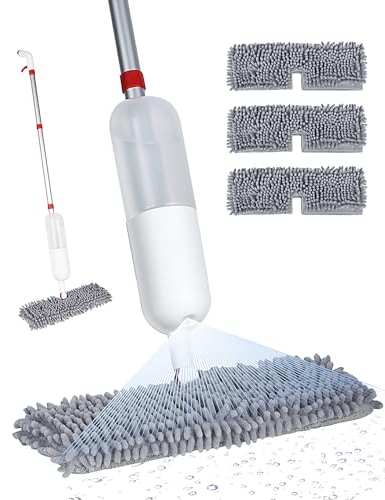Trapeador para limpieza de suelos, mopa en aerosol para limpieza de suelos sin esfuerzo, húmedo y seco, 3 almohadillas lavables de microfibra reutilizables de doble cara, para laminado, cerámica,