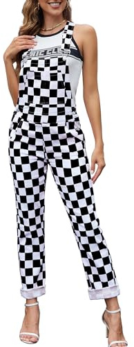 Odefou Checkered Pants Womens Overalls Fashion Bib Coveralls Cute Stretch Jeans Jumpsuit(Black White Checkered,M)