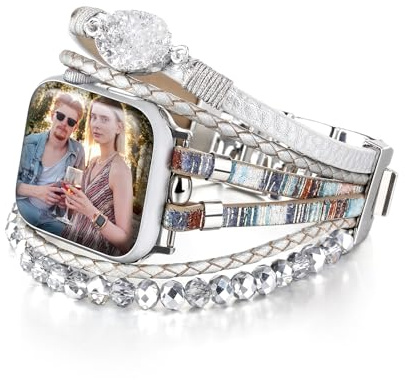 CHARMINGO Bohemiskt läderarmband, kompatibelt med Apple Watch-armband för män och kvinnor, 40 mm, 38 mm, 41 mm, 44 mm, 45 mm, 46 mm, 42 mm, 49 mm, serie 9, 8, 7 SE 6 5 4, fint handgjort
