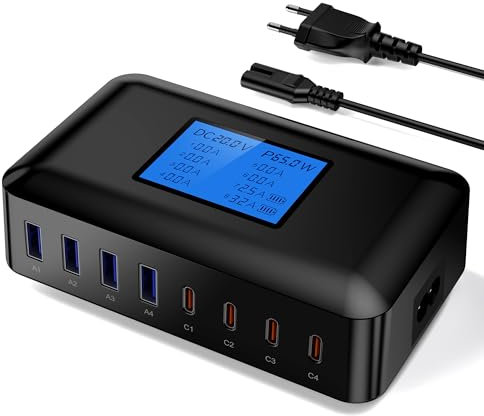200W Cargador USB C Multiple, RENGOGA 8-in-1 Cargador USB C Carga Rapida con LCD Display Estación de Carga, Cargador de Portátil Universal Cargador USB C para MacBook iPhone16/15 Samsung Galaxy(Negro)
