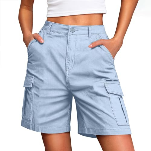 Shorts for Women UK Ladies Cargo Pants Elastic Waist Cotton Summer Half Pants with Pockets Womens Golf Workout Gym Shorts Bermuda Loose Running Activewear Y2K Streetwear Light Blue M