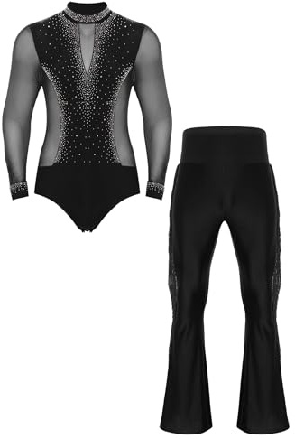 JEATHA Completo da Ballo Latino Uomo Camicia Body Danza Classica con Strass e Pantaloni a Zampa Nappe da Danza Moderna Tuta da Pattinaggio Artistico Salsa Rumba Nero M