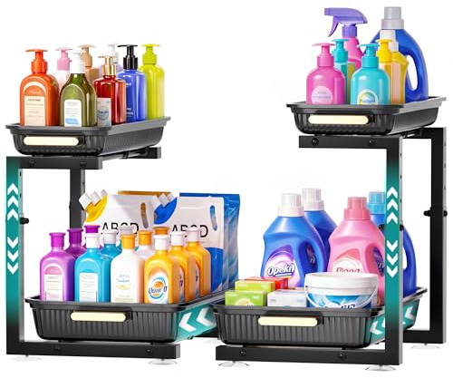 SavvyStor 2 Pcs Under Sink Storage Adjustable Height, 2 Tier Shelf Black | Sliding Kitchen Storage and Organisation Cupboard Organiser, Under Sink Shelf, Under Cabinet Organizer for Bathroom Kitchen