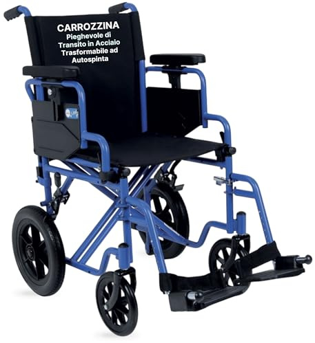 REMEDIA ONE - Sedia a Rotelle Pieghevole Leggera da Transito, Carrozzina per Disabili in Acciaio Predisposta per Autospinta - Seduta 43 cm, Blu